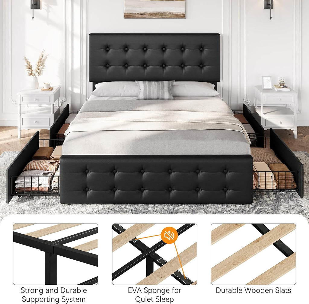 IDEALHOUSE Queen Size Bed Frame with 4 Storage Drawers and Headboard, Faux Leather Upholstered Platform Bed Frame with Wooden Slats Support, Button Tufted Design, No Box Spring Needed, Black