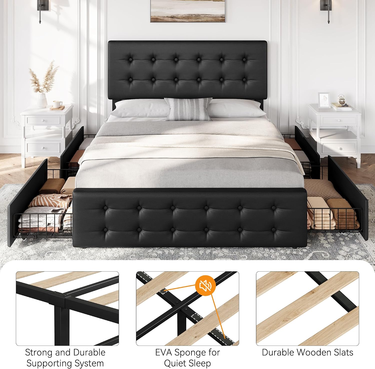 IDEALHOUSE Queen Size Bed Frame with 4 Storage Drawers and Headboard, Faux Leather Upholstered Platform Bed Frame with Wooden Slats Support, Button Tufted Design, No Box Spring Needed, Black