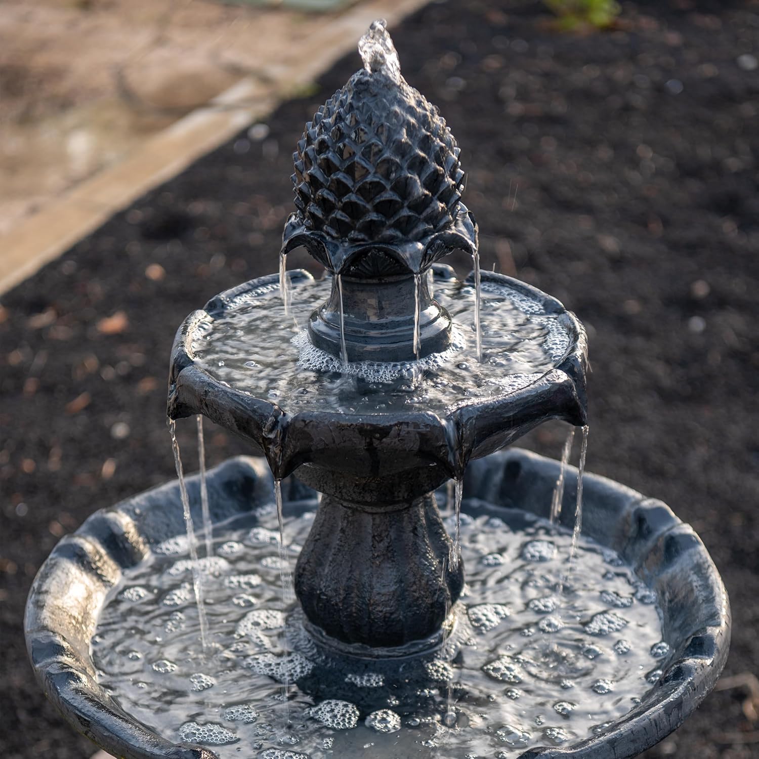 XBrand 44' Solar Powered 2-Tier Outdoor Water Fountain, Fiberglass Resin Fountain with Solar Panel and Auto Shut-Off Pump, Black