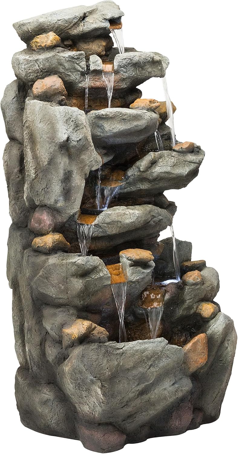 Alpine Corporation TZL130 Outdoor Floor 8-Tiered Rock Waterfall Fountain with LED Lights and Natural Stone Look, 50', Gray