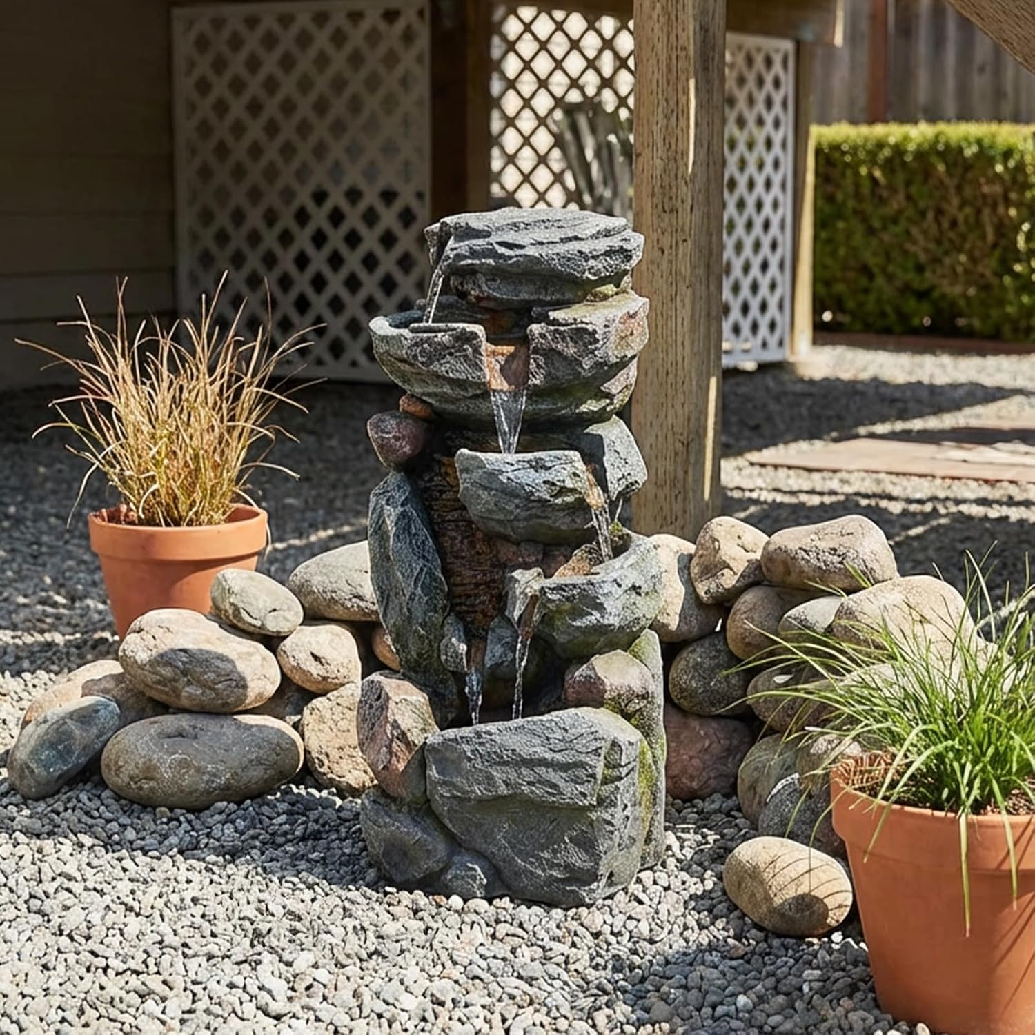 Rock Waterfall Fountain Outdoor, 31.5' Tall Resin Garden Water Feature, Cascading Stone Outdoor Fountain for Backyard Patio Yard Décor, Garden Water Fountain