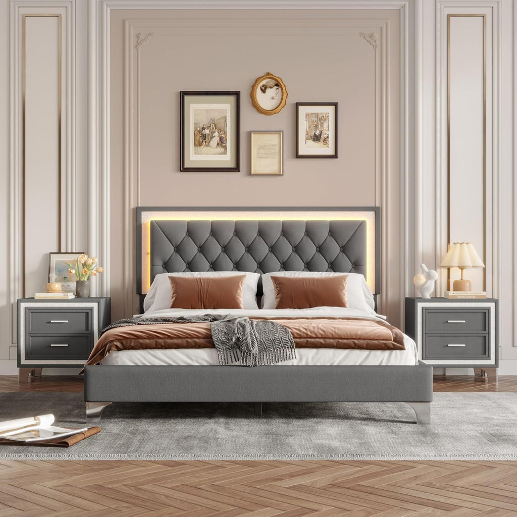 GDFStudio Homay 3-Piece Bedroom Sets, Queen Size Upholstered Platform Bed with Two Nightstands, Upholstered Velvet Bed Frame, Adjustable Headboard, Slat Support, No Spring Box Needed, 44-46'' H, Gray