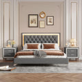 GDFStudio Homay 3-Piece Bedroom Sets, Queen Size Upholstered Platform Bed with Two Nightstands, Upholstered Velvet Bed Frame, Adjustable Headboard, Slat Support, No Spring Box Needed, 44-46'' H, Gray