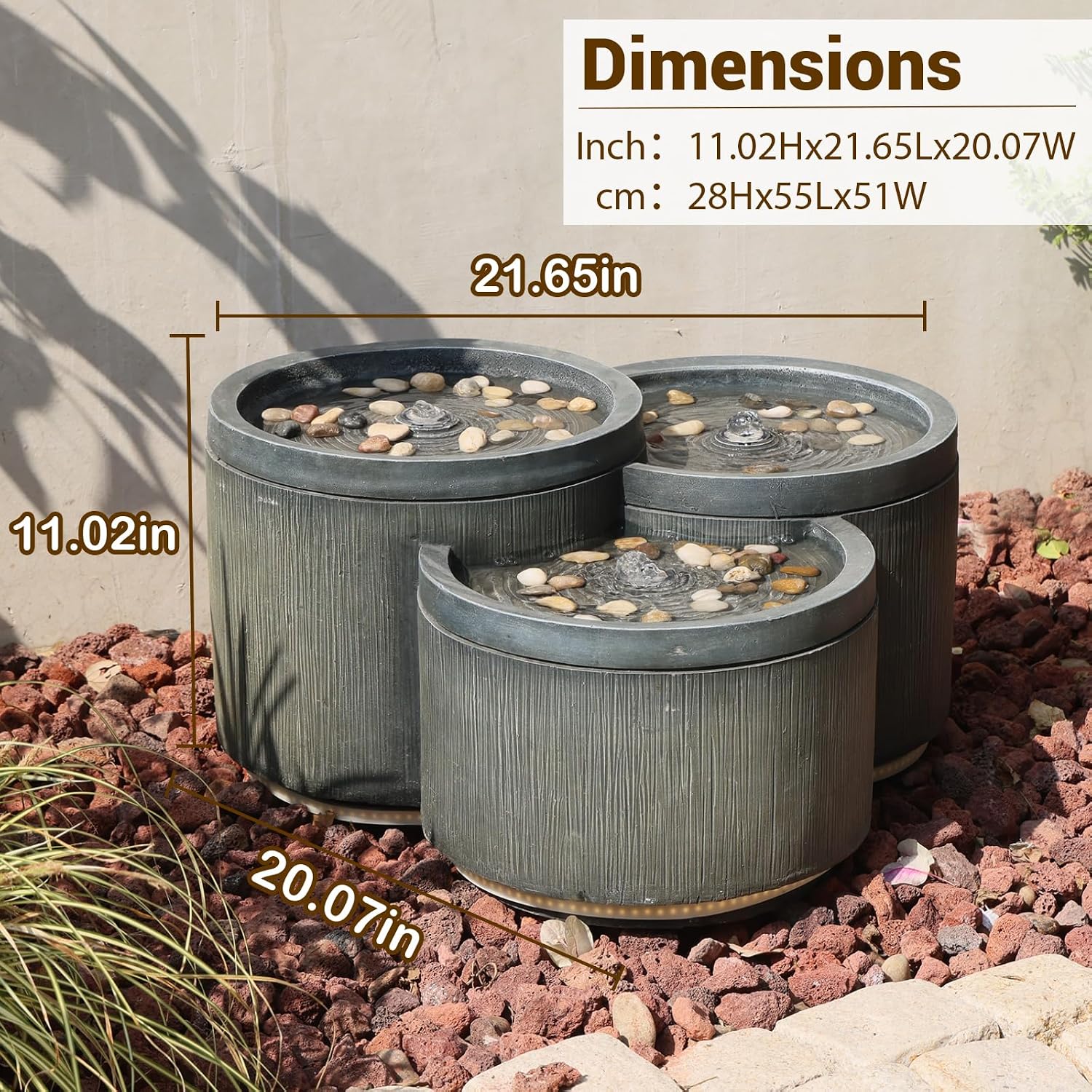 Sunlinua Small Modern Outdoor Water Fountain with 3 Led Lights Tiered Cascading Waterfall Feature with Quiet Pump Floor Water Fountain for Patio Garden Backyard Home and Indoor Décor Black Gray
