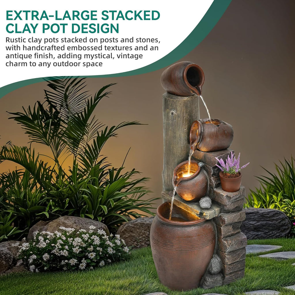 40' H Oversized Outdoor/Indoor Water Fountain with LED Lights and Pump, Cascading Pitchers Farmhouse Garden Fountain Waterfall for Patio, Porch, or Yard