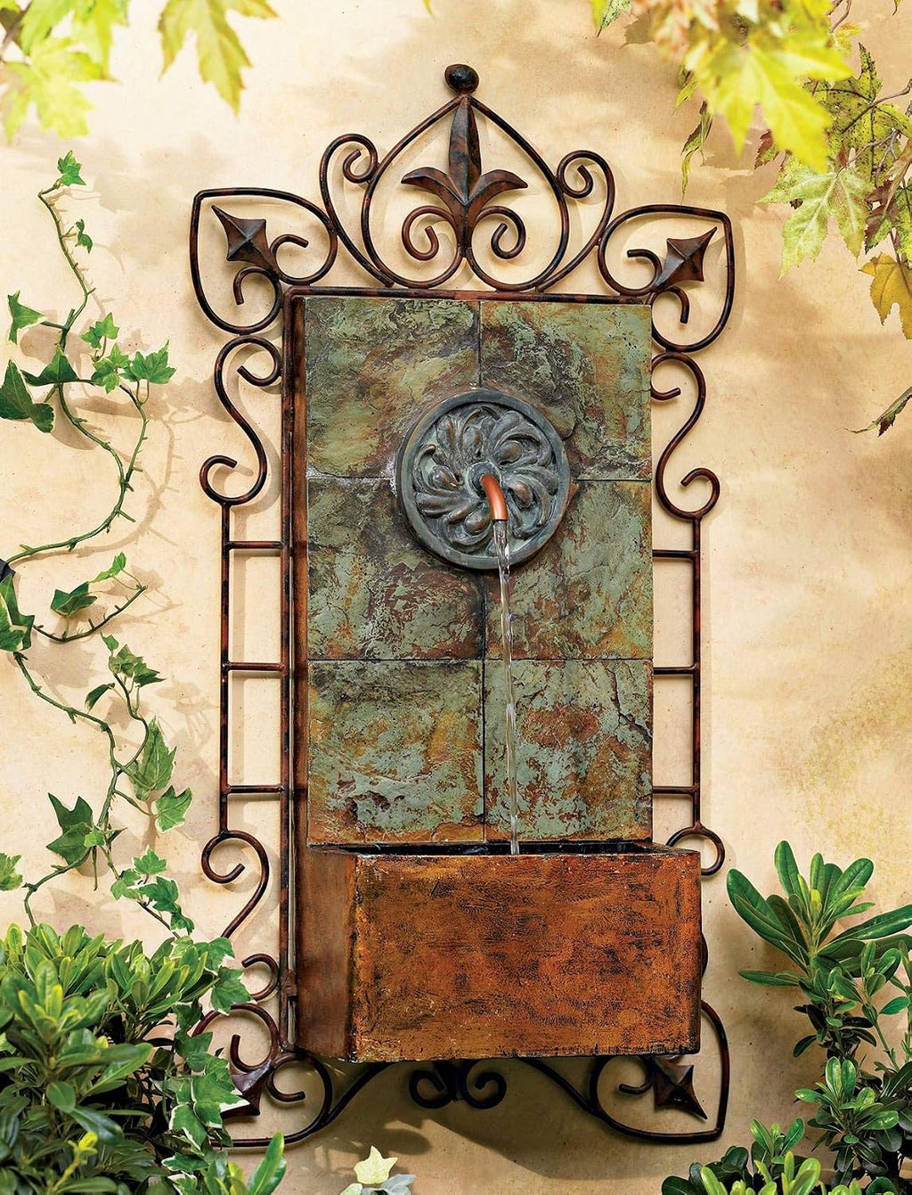 Ibizi 33' High Large Rustic Traditional Indoor Outdoor Decor Faux Stone Wall Fountain with Light LED Waterfall Iron Scroll Water Feature for Outside Garden Patio Yard Backyard Porch - John Timberland