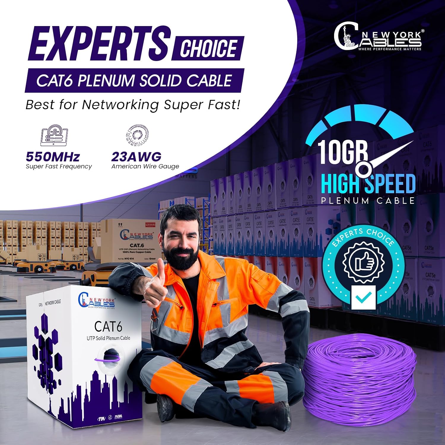 NewYork Cables | CAT6 Plenum Cable 1000ft | UTP, 550MHz, 23AWG, 4Pair 10GB | Most Certified CMP-Rated Fire-Resistant Bulk Cat 6 Ethernet Cable for Networking & Gaming (1000ft, Solid Conductor, Purple)