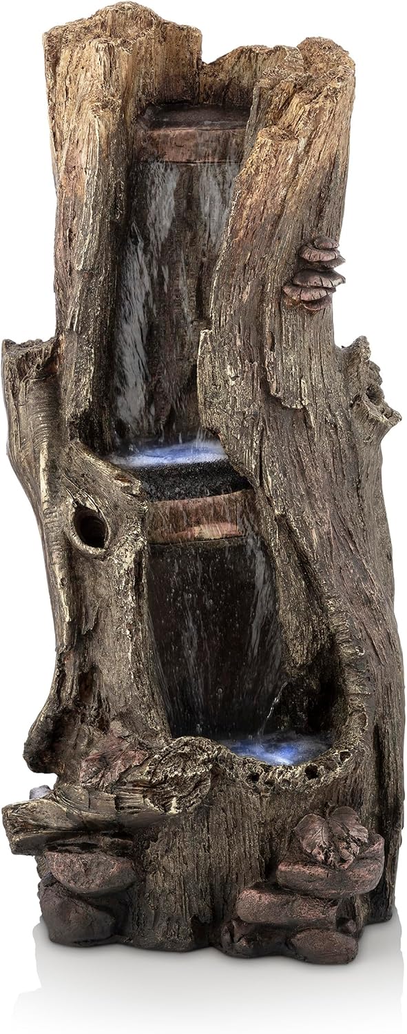 Alpine Corporation WIN258 Outdoor Rainforest Waterfall Tree Trunk Floor Fountain with LED Lights, Tiered Garden Decor, 41' H, Brown