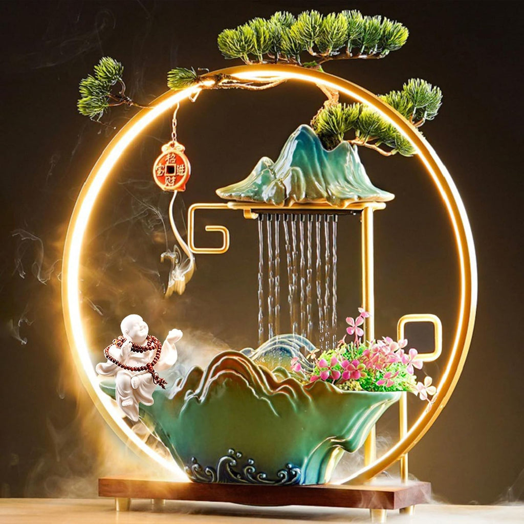 Tabletop Water Fountains Indoor Waterfall Desktop Fountain for Meditation with Mist Japanese Fountain with Fake Plants Feng Shui Office Home Decor for Good Luck Wealth (Buddha)