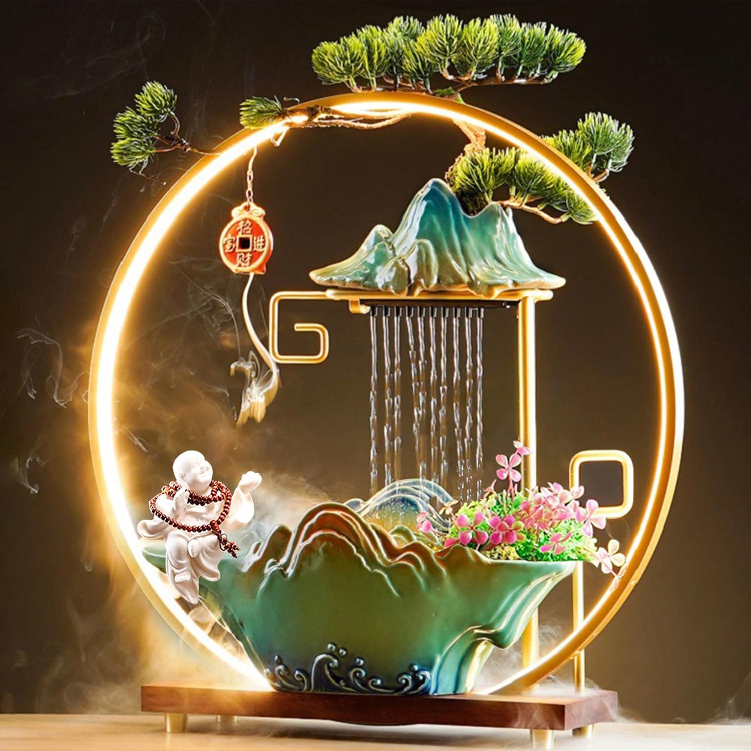 Tabletop Water Fountains Indoor Waterfall Desktop Fountain for Meditation with Mist Japanese Fountain with Fake Plants Feng Shui Office Home Decor for Good Luck Wealth (Buddha)