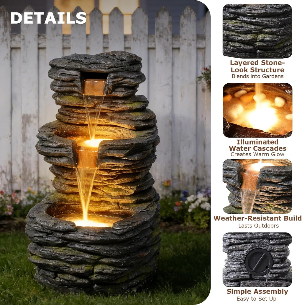 28.8' Tall Rock Water Fountain Outdoor Garden, 3-Tiers Cascading Rock Natural Waterfall Fountains with LED Lights, Indoor Resin Water Feature Fountain for Patio, Backyard, Deck, Porch
