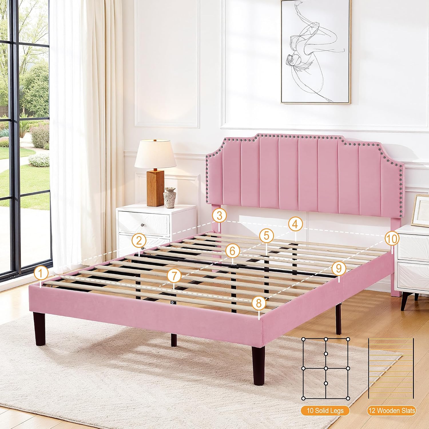 VECELO Queen Upholstered Platform Bed Frame with 4 Storage Drawers,Velvet Vintage Queen Bed with Nailhead Trim,Tufted Height Adjustable Headboard,Wooden Slats/No Box Spring Needed/Easy Assembly