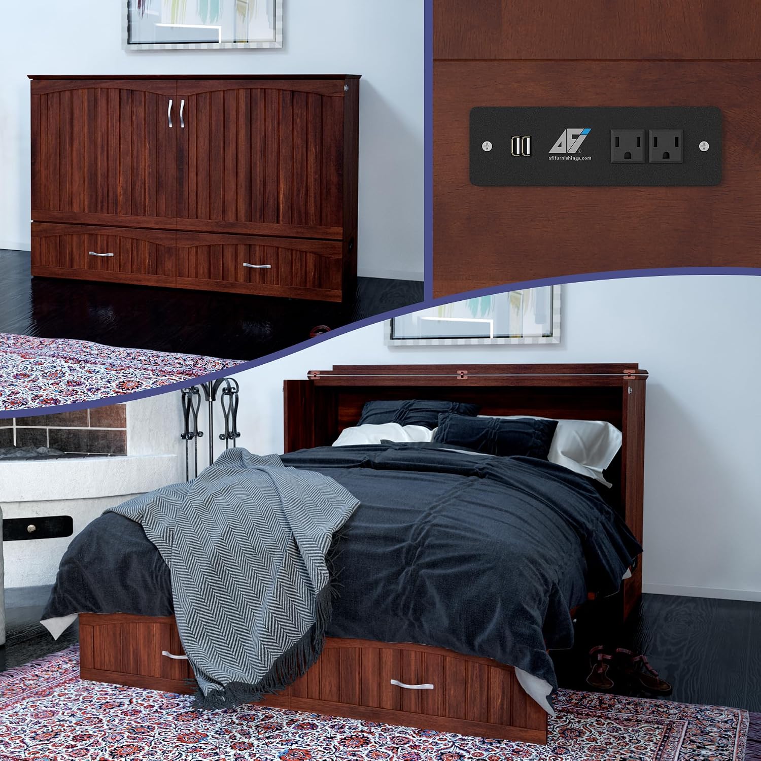 AFI, Southampton Murphy Bed Chest Queen with 6' Mattress, Storage Drawer & Built-in USB Charger, Walnut