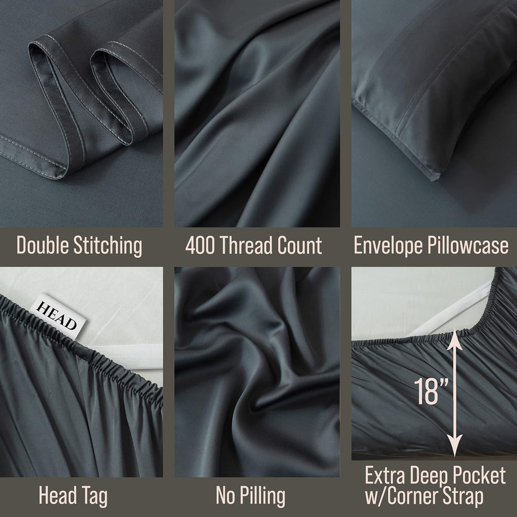 Bella Coterie 6 Piece Luxury Bamboo Viscose King Size Sheet Set | 100% Organically Grown | Cooling for Hot Sleepers | 18' Deep Pocket | Soft & Hypoallergenic | 4 Pillowcases [Charcoal Grey]
