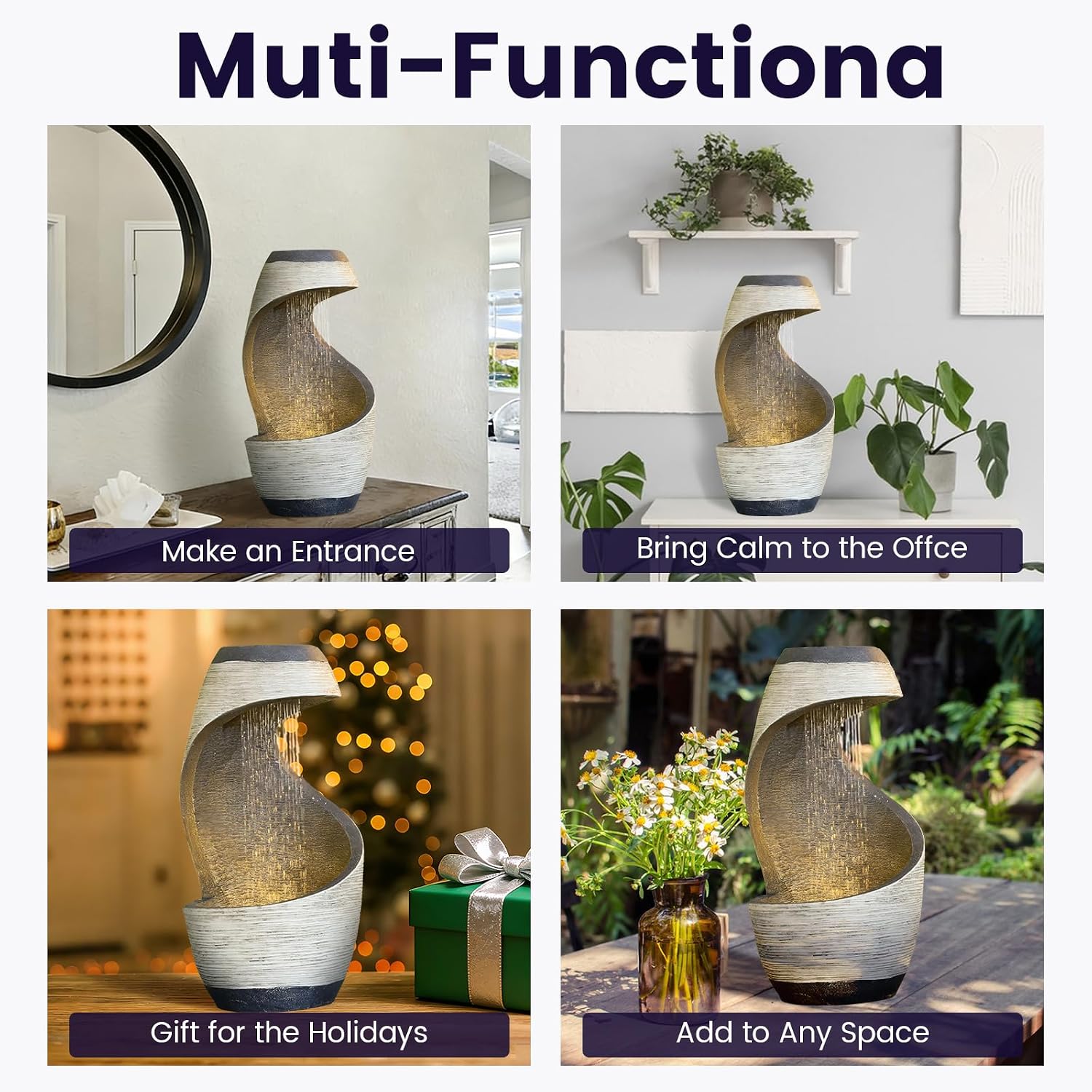 20' Modern Spiral Tabletop Water Fountain - Desk Waterfall Zen Home Decor for Room Side Table, Entryway, Kitchen Island, Home Office Desk, Indoor Tabletop Fountain, Housewarming Gift