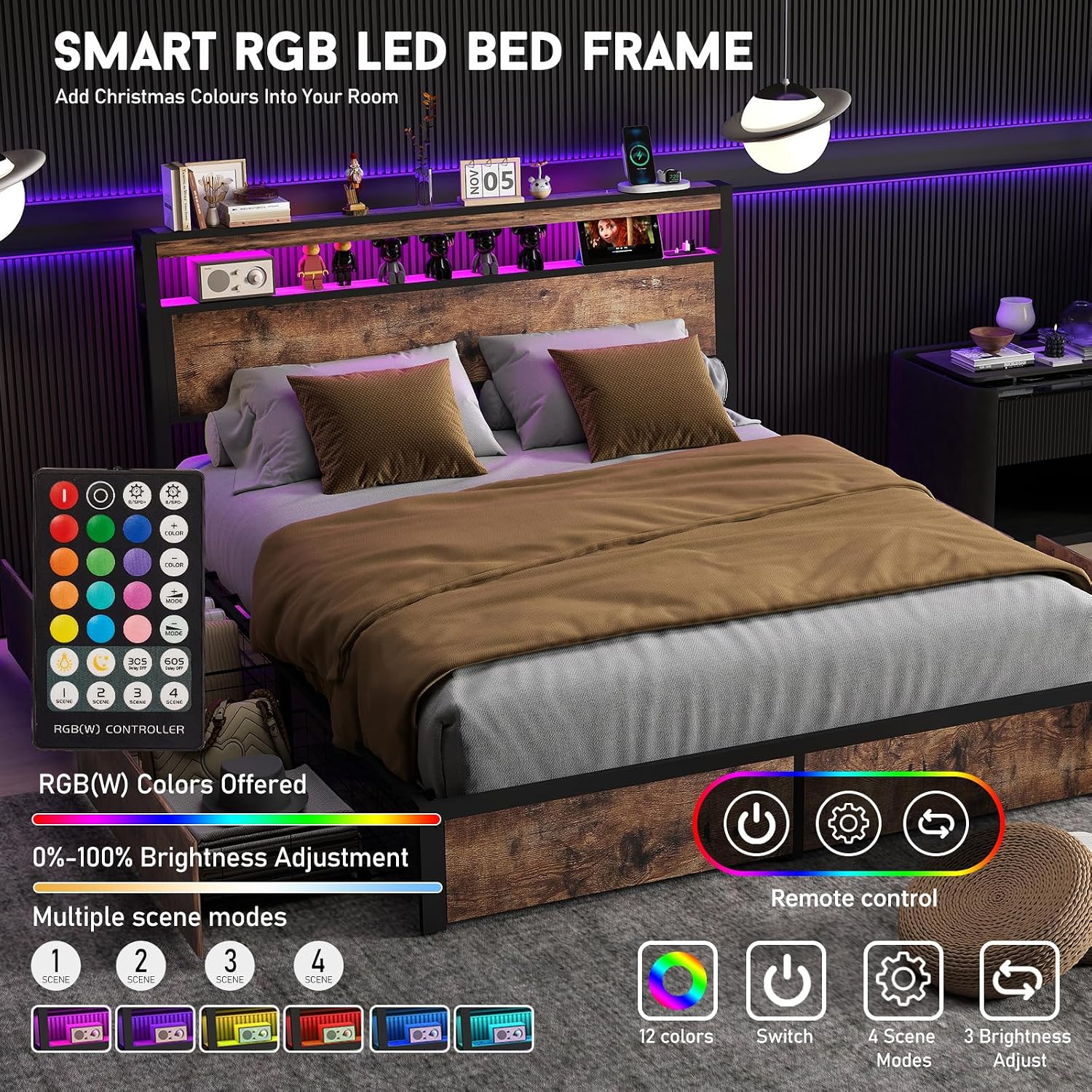 Fabulis Full Size Bed Frame with 4 Storage Drawers and Headboard with Charging Station and LED Lights,2 Tier Solid Wood Headboard Storage,Noise Free, No Box Spring Needed/Remote/Vintage Brown