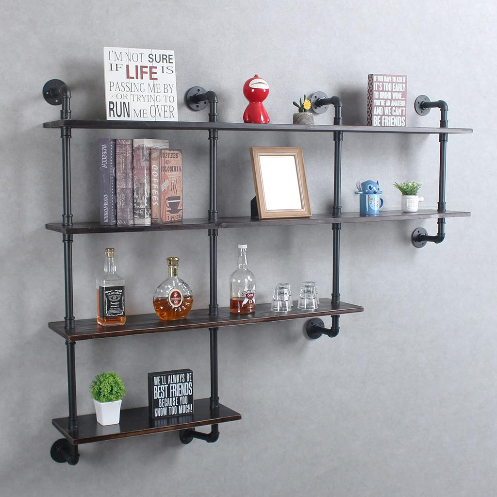 MBQQ 4-Tiers 63inch Industrial Pipe Shelving,Rustic Wooden&Metal Floating Shelves,Home Decor Shelves Wall Mount with Wine Rack,Decorative Accent Wall Book Shelf for Kitchen,Retro Black