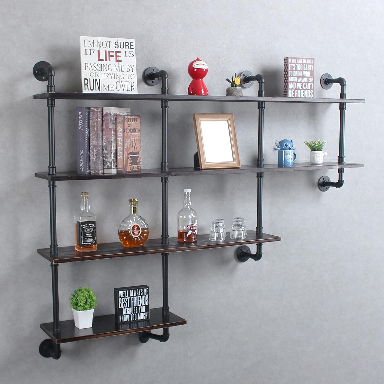 MBQQ 4-Tiers 63inch Industrial Pipe Shelving,Rustic Wooden&Metal Floating Shelves,Home Decor Shelves Wall Mount with Wine Rack,Decorative Accent Wall Book Shelf for Kitchen,Retro Black