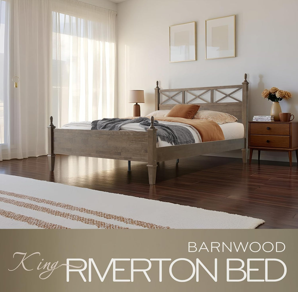 King Size Solid Wood Bed Frame, Platform Bed with Headboard & Footboard, 12 Heavy-Duty Slatted Base with Metal Legs, No Box Spring Needed, Noise-Free & Anti-Slip, Easy Assembly, Barnwood Finish RIK-30