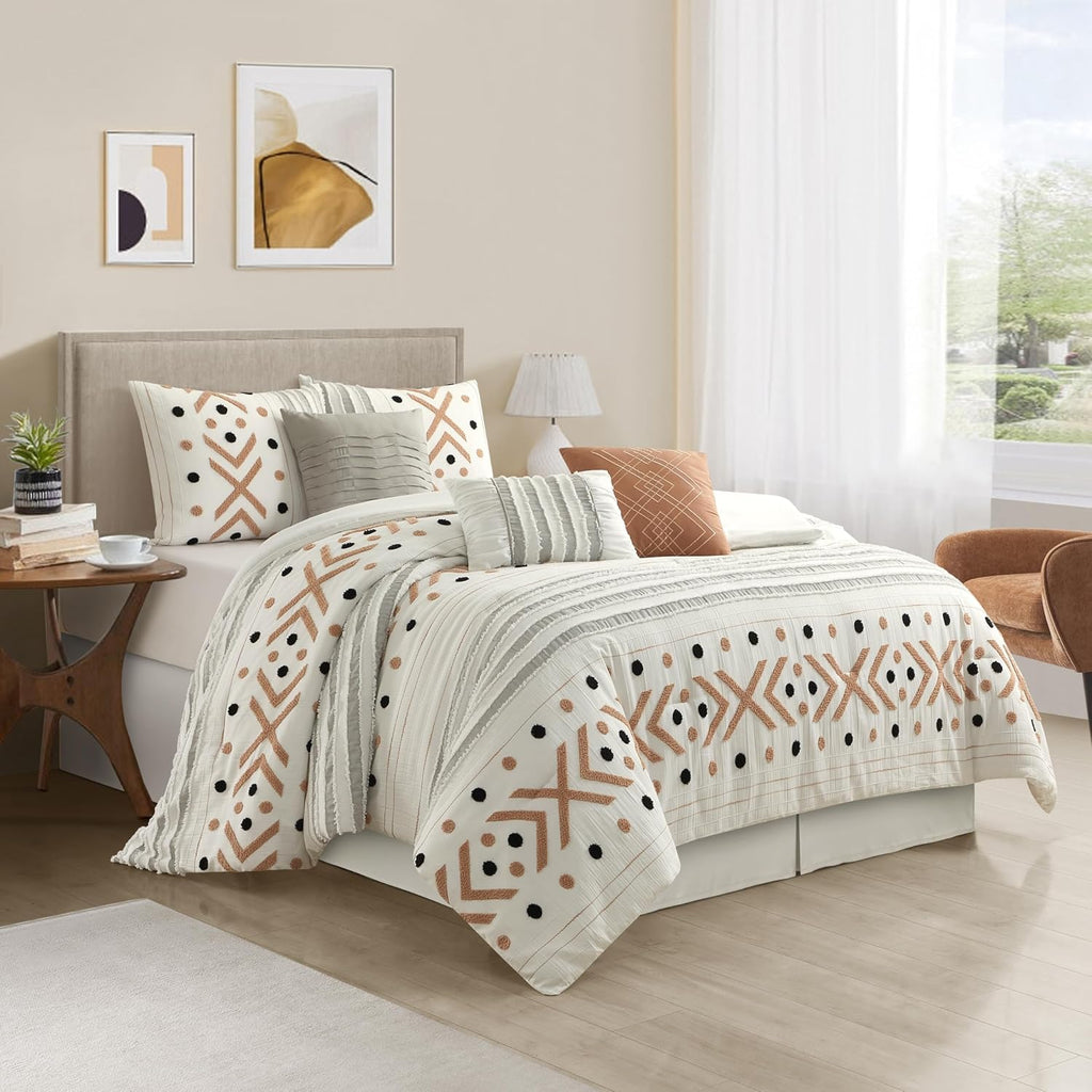 Stratford Park Taupe Terry Embroidery Comforter Set Queen Size, 7 Piece Geometric Bedding Set, All Season Home Decor, Matching Pillow Shams, Bedskirt, Decorative Pillows