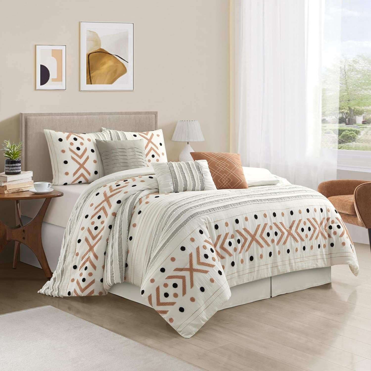 Stratford Park Taupe Terry Embroidery Comforter Set Queen Size, 7 Piece Geometric Bedding Set, All Season Home Decor, Matching Pillow Shams, Bedskirt, Decorative Pillows
