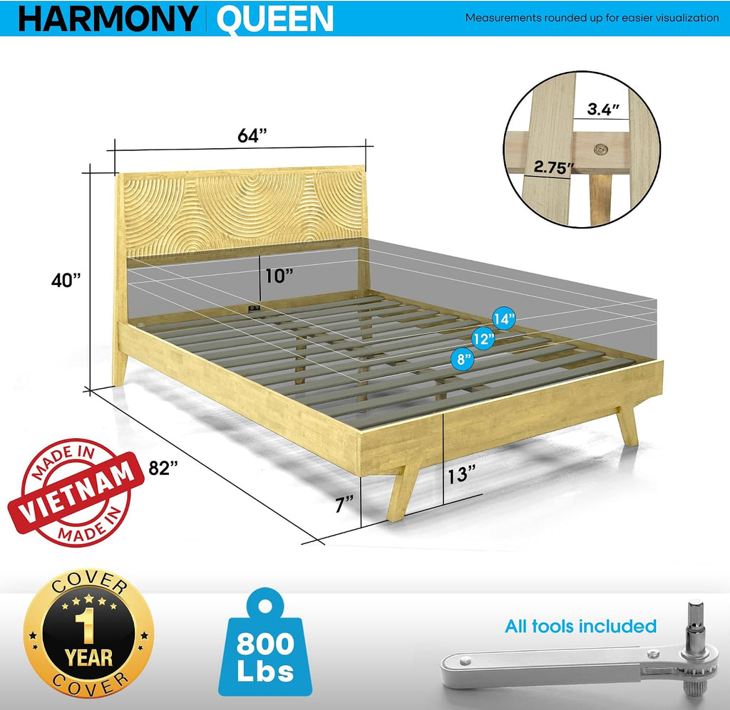 ACACIA Harmony Queen Platform Bed Frame – Solid Rubber Wood, Natural Oak Finish, Mid-Century Design, Signature Circular Wood Texture, 800lbs Support, No Box Spring Needed, Easy Assembly, Easy Assembly
