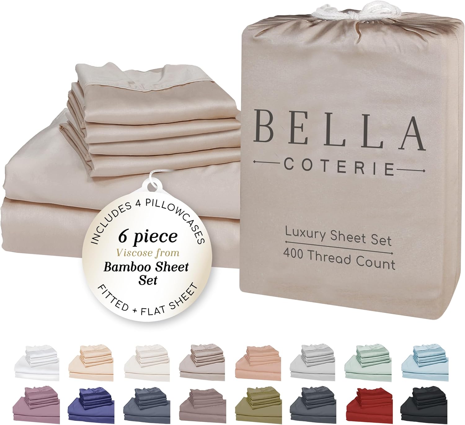 Bella Coterie 6 Piece Luxury Bamboo Viscose Queen Size Sheet Set | 100% Organically Grown | Cooling for Hot Sleepers | 18' Deep Pocket | Soft & Hypoallergenic | 4 Pillowcases [Dune]