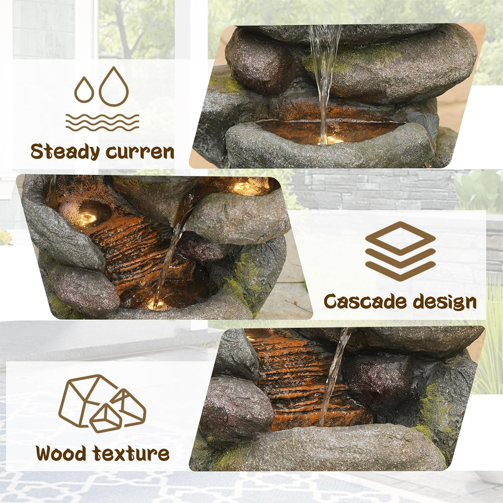 Sunlinua 28.6' H Outdoor Water Fountain with 4 Tiers Cascading Realistic Rock Waterfall Fountains with LED Lights Outdoor Water Fountain for Garden Patio Backyard Porch Home Decor