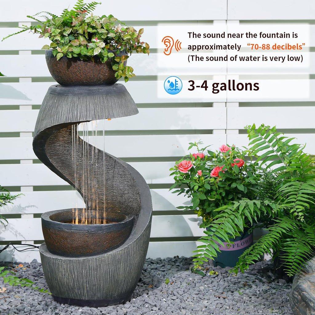 31.9' S-Shaped Outdoor Water Fountain with Lights – Resin Waterfall Fountain Outdoor with Planter Bowl, Modern Grey Garden Water Feature for Patio, Balcony, Yard, Home Decor