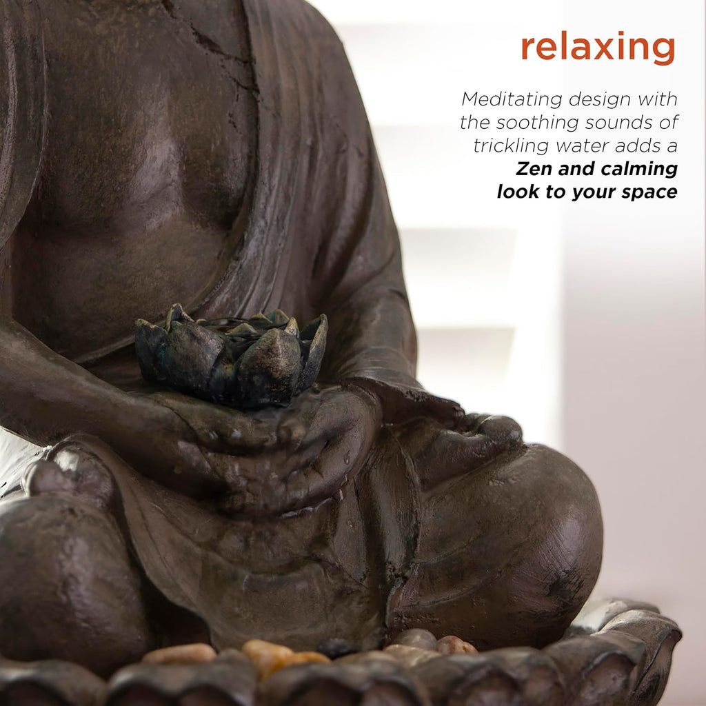 Alpine Corporation GEM178 Indoor Tabletop Meditating Buddha Water Fountain with LED Lights and Lotus Flower, 19', Beige
