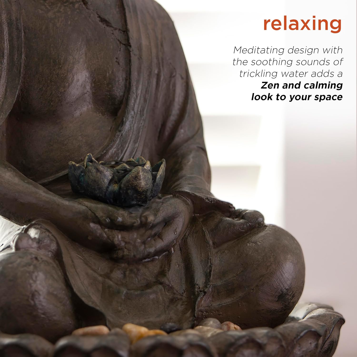 Alpine Corporation GEM178 Indoor Tabletop Meditating Buddha Water Fountain with LED Lights and Lotus Flower, 19', Beige