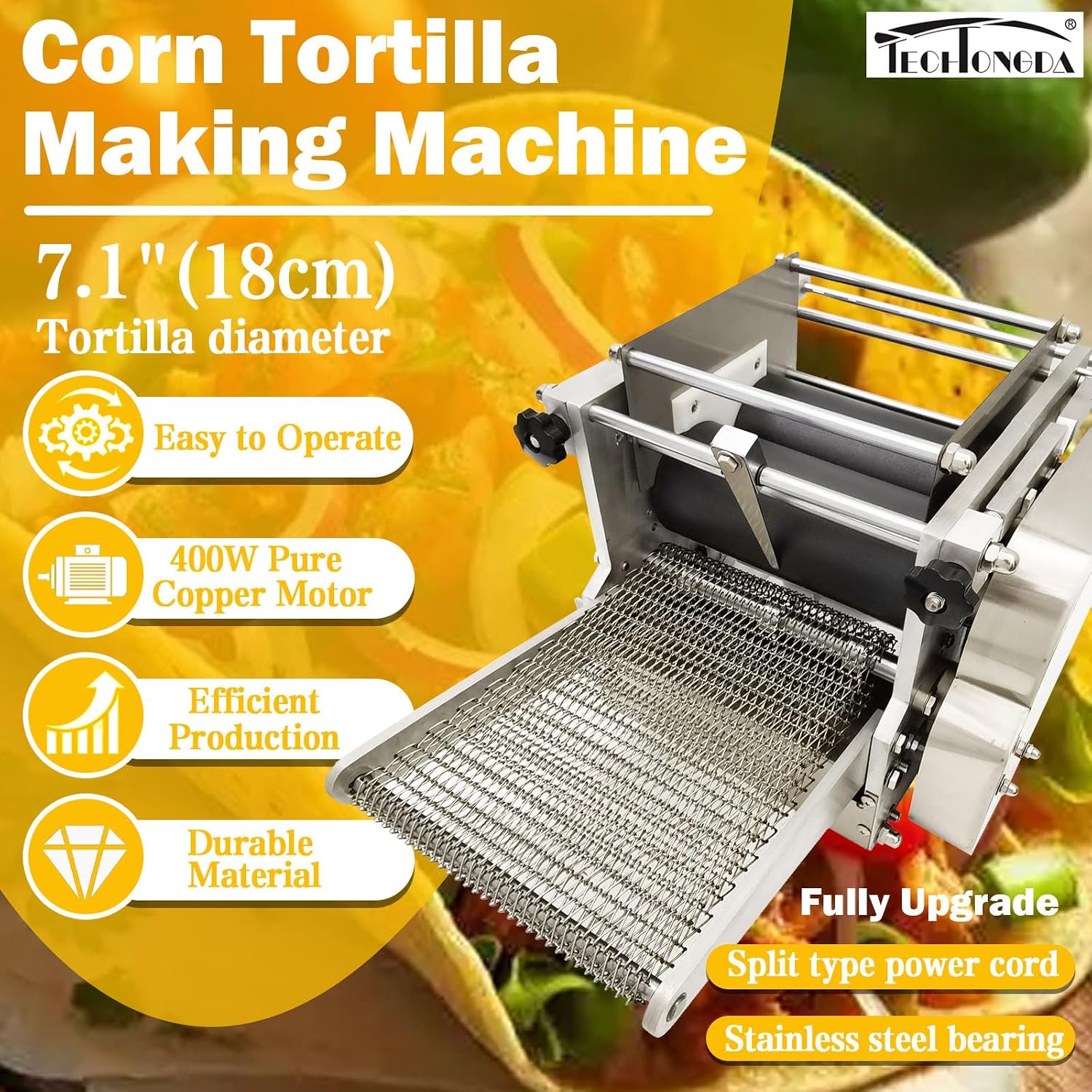 TECHTONGDA Electric Tortilla Press 7' Commercial Tortilla Tacos Maker Automatic Mexico Corn Tortilla Maer Stainless Steel Mexican Tortilla Chapatti Machine 1500-2000pcs/h