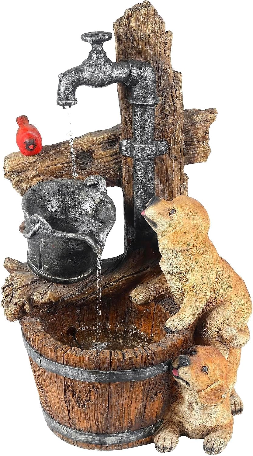 LuxenHome Water Fountain Outdoor, 30' Rustic Outdoor Water Fountain with LED Lights, Rustic Barrel Puppy and Pump Water Feature Outdoor, Garden Fountains Outdoor Patio, Porch, or Indoor Entryway