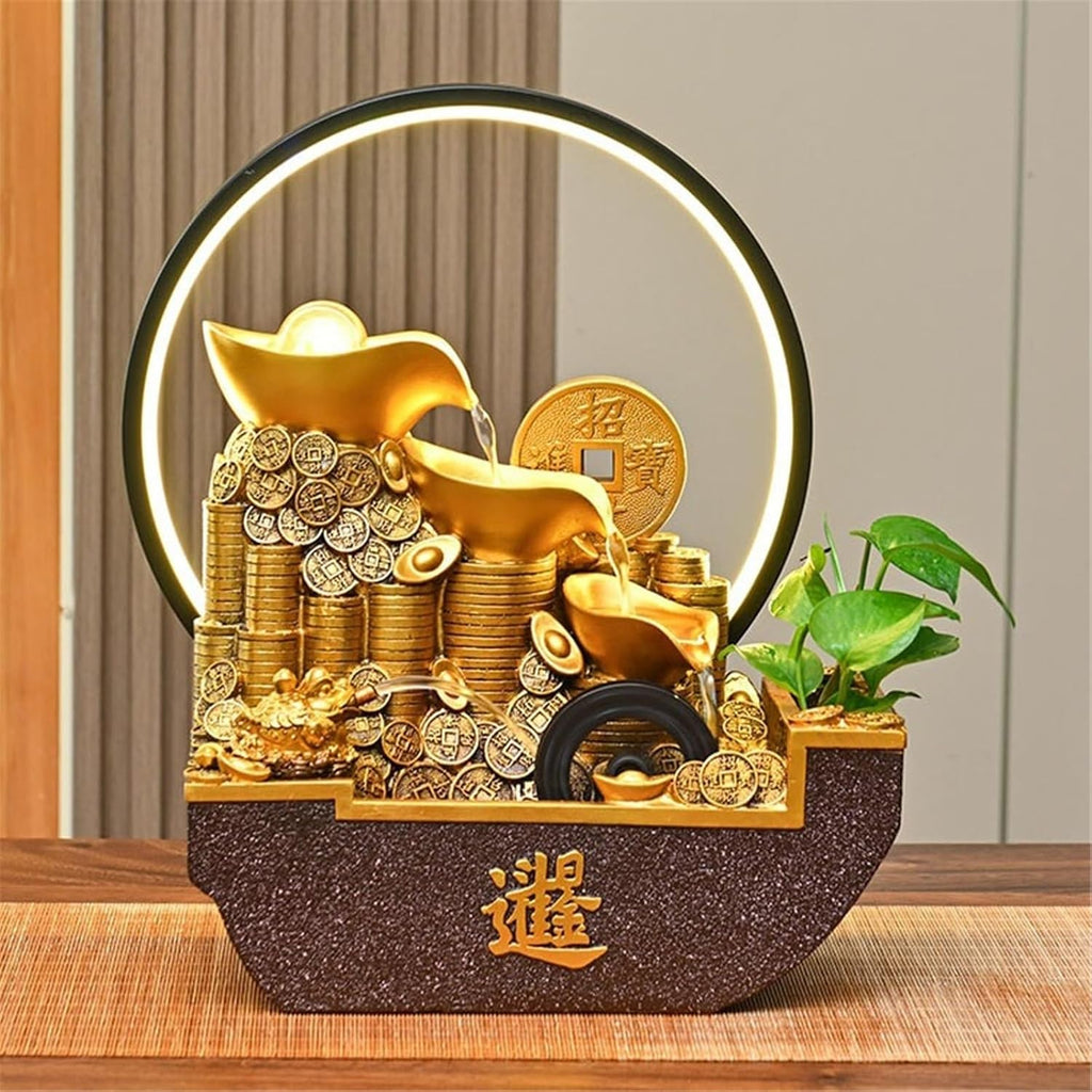 Tabletop Fountain Waterfall Indoor Tabletop Water Fountain, Chinese Style Flowing Ornaments with Feng Shui Wheel