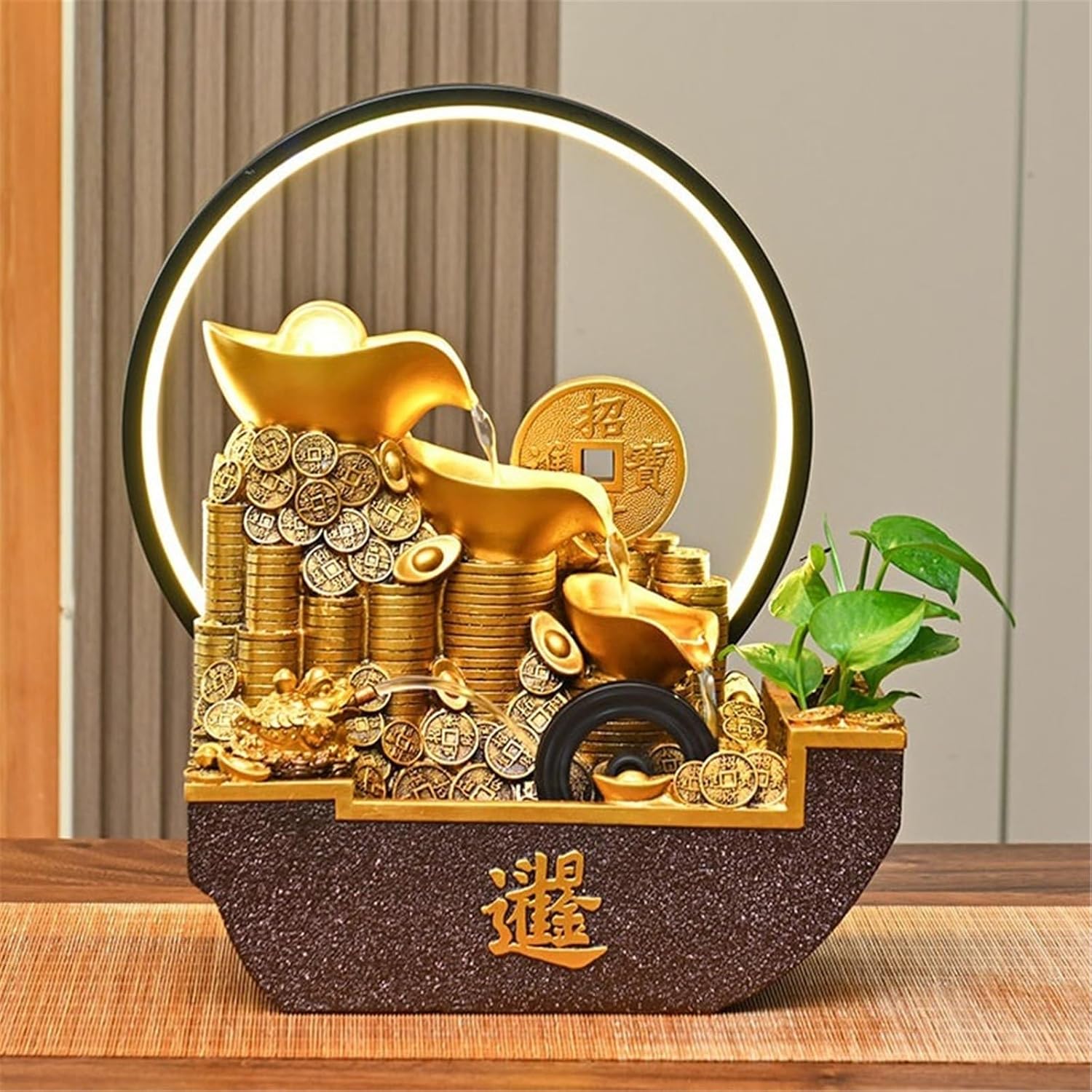 Tabletop Fountain Waterfall Indoor Tabletop Water Fountain, Chinese Style Flowing Ornaments with Feng Shui Wheel