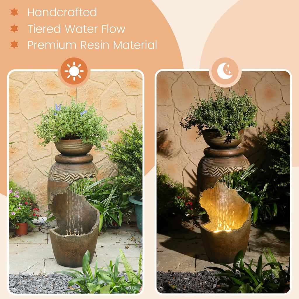 Free Standing Garden Fountain with Planter, Tiered Urn Water Fountain Outdoor, Cascading Waterfall Resin Fountain for Patio, Yard, Porch and Home Décor, Cracked Urn Design(Terracotta Brown)