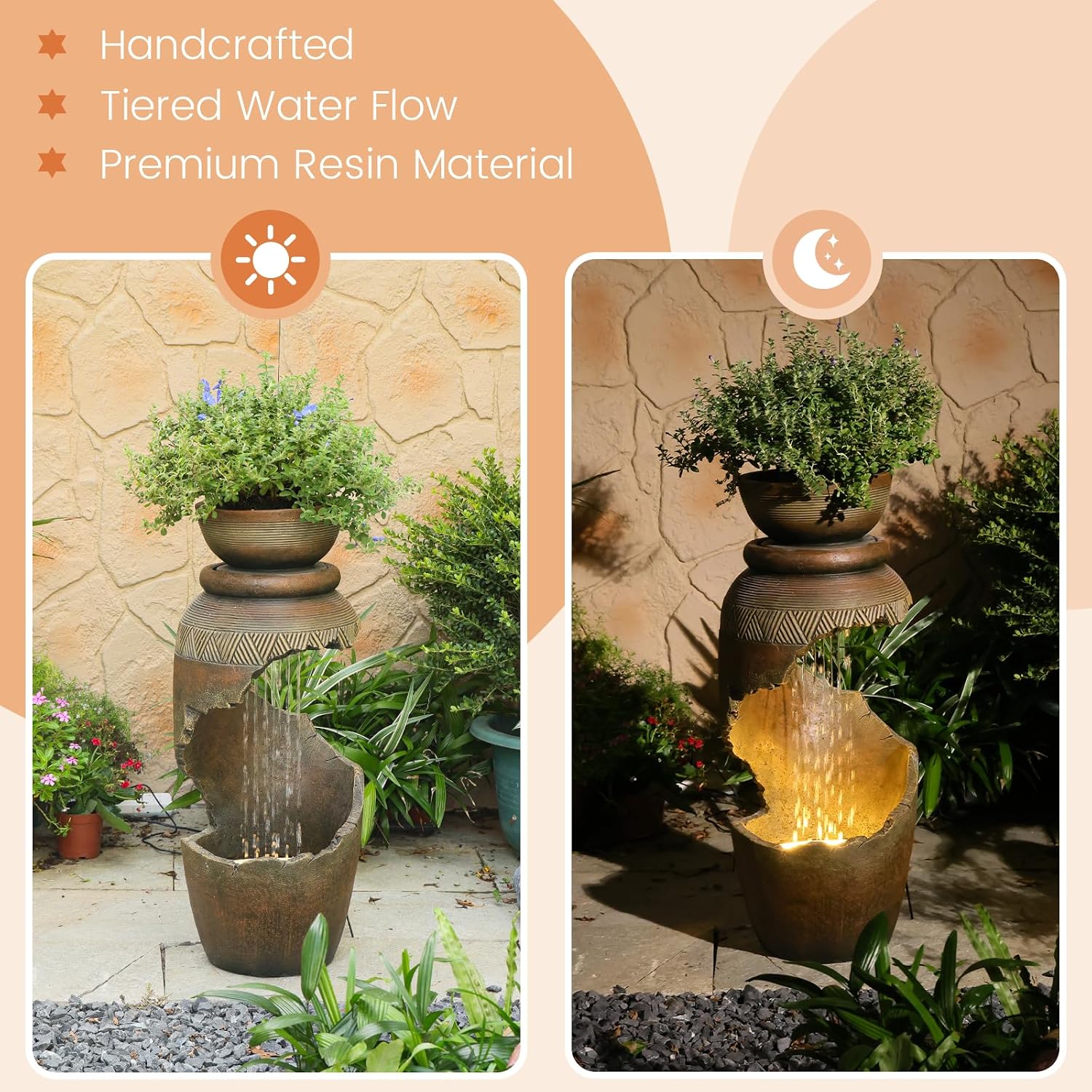 Free Standing Garden Fountain with Planter, Tiered Urn Water Fountain Outdoor, Cascading Waterfall Resin Fountain for Patio, Yard, Porch and Home Décor, Cracked Urn Design(Terracotta Brown)