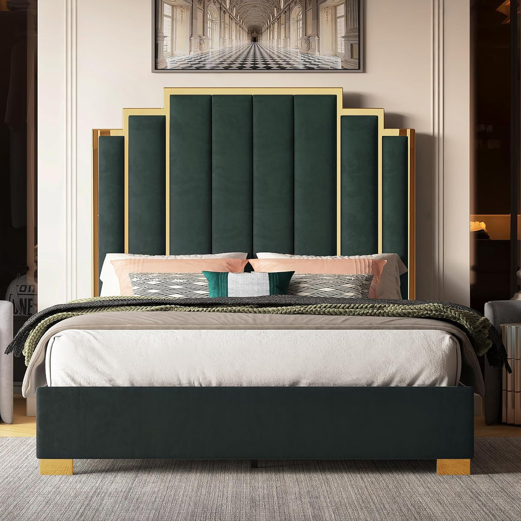 Albott Queen Size Platform Bed Frame, 61.4' Velvet Upholstered Bed with Gold Trim Headboard/Wooden Slats/No Box Spring Needed/Green