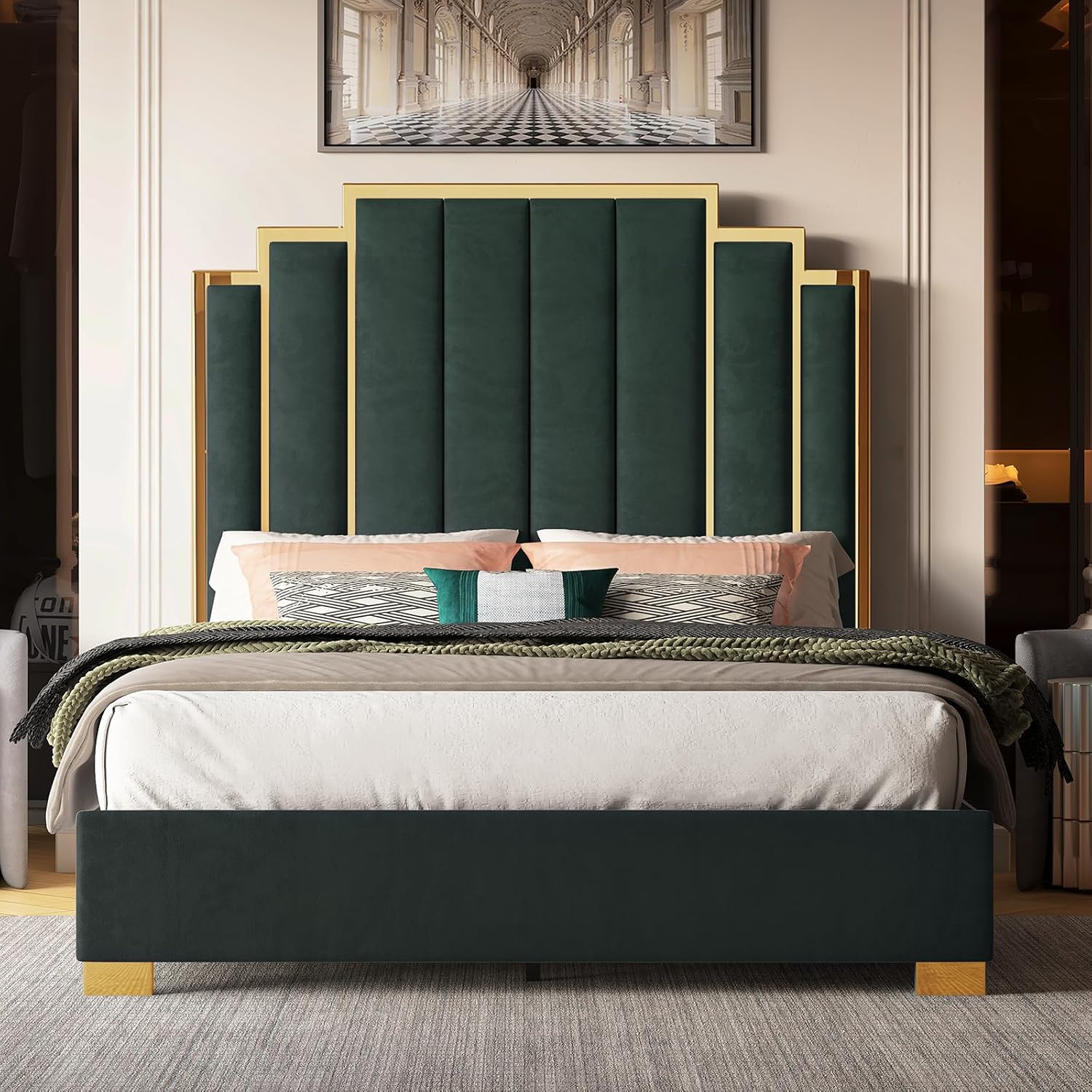 Albott Queen Size Platform Bed Frame, 61.4' Velvet Upholstered Bed with Gold Trim Headboard/Wooden Slats/No Box Spring Needed/Green