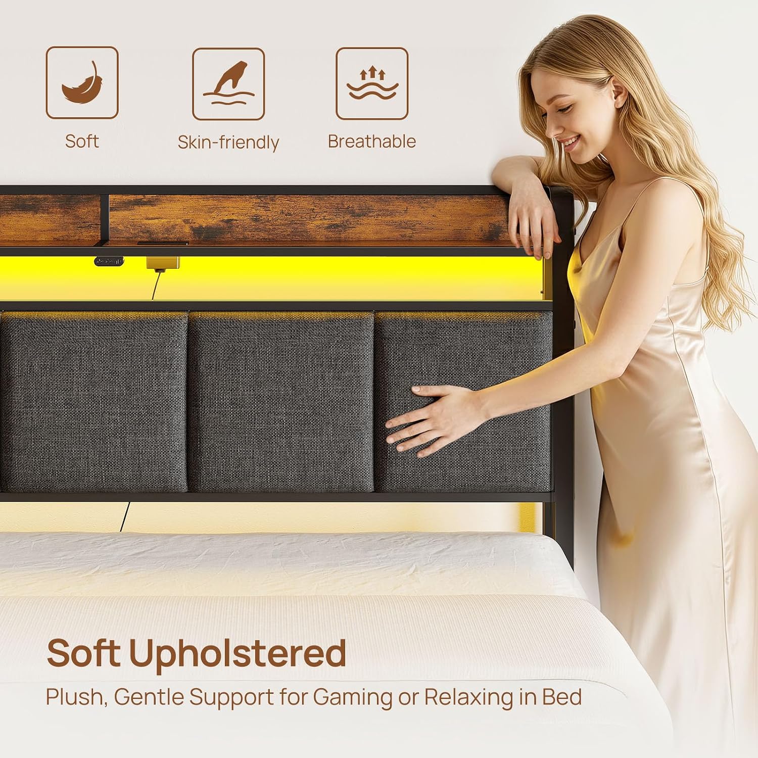 Rolanstar Bed Frame Queen Size with Charging Station and LED Lights, Upholstered Storage Headboard with Drawers, Heavy Duty Metal Slats, No Box Spring Needed, Easy Assembly, Rustic Brown