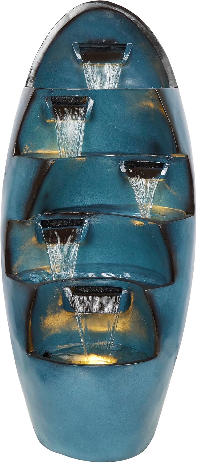 Alpine Corporation 39' Tall 5-Tier Cascading Waterfall Fountain with LED Lights, Outdoor Water Feature for Garden, Patio, Yard, and Deck, Blue