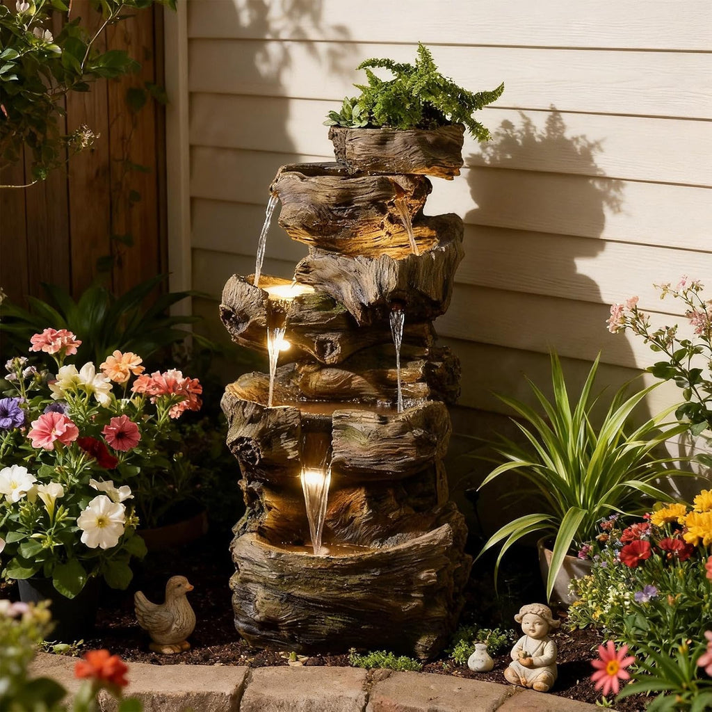 Sunlinua 40' H Outdoor Water Fountain with 5 Tiers Large Cascading Realistic Tree Trunk Waterfall Fountains with LED Lights Outdoor Water Fountain for Garden Patio Backyard Porch Home Decor