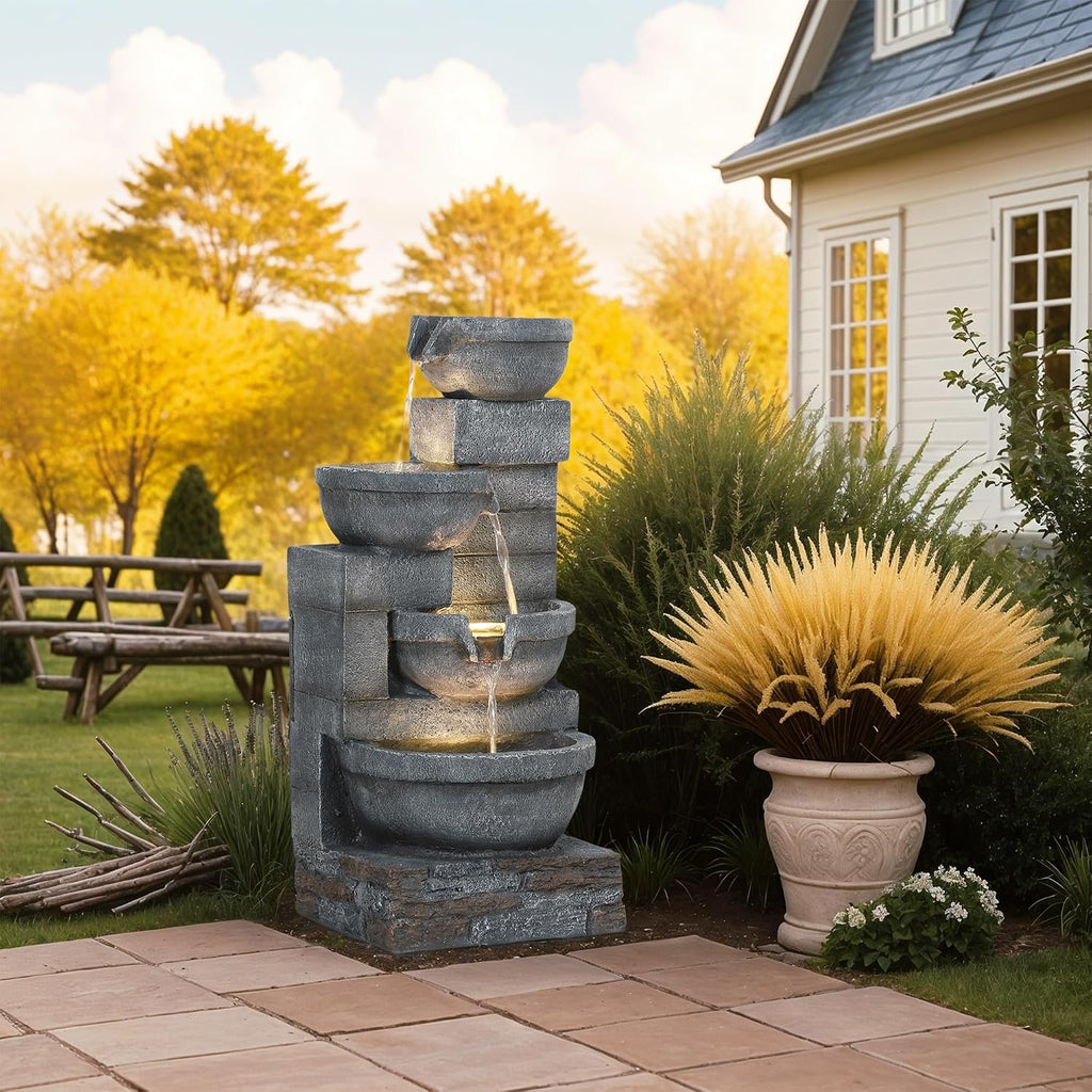 Outsunny 30' Tall Outdoor Waterfall Fountain with LED Lights, 4-Tier Resin Cascading Water Bowls with Pump, Gray