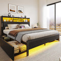 Rolanstar Queen Bed Frame with Storage Headboard & 4 Drawers, Metal Platform Bed with Charging Station, LED Single Bed with Side Shelf, No Box Spring Needed, Easy Assembly, Black