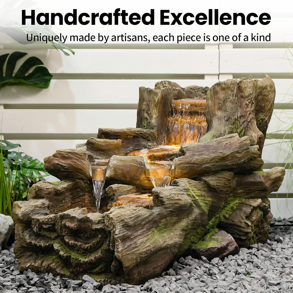 Sunlinua 34.5' L Garden Outdoor Water Fountain, Floor Standing Wood Imitation Resin Natural Waterfall Fountains with LED Lights for Patio, Porch, Home Art Decor