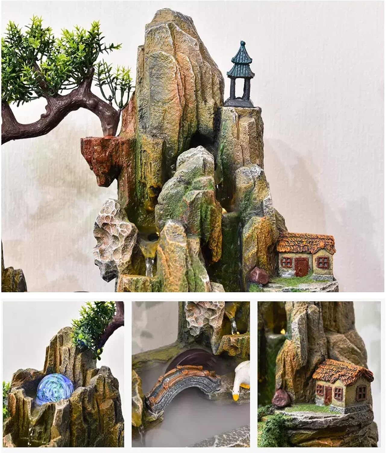 Indoor Water Feature,Ornaments Tabletop Fountain, Waterfall Rockery Fake，Chinese Artificial Tree(L)