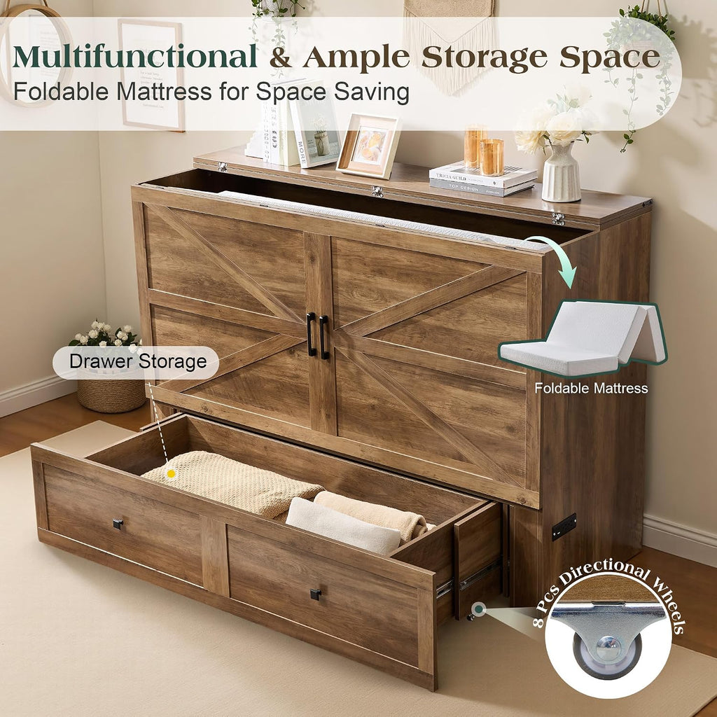 LUXOAK Full Murphy Bed with 6' White Tri-Fold Memory Foam Mattress, Storage Drawer & Charging Station, Space-Saving Design for Home Office or Guest Room, Barnwood