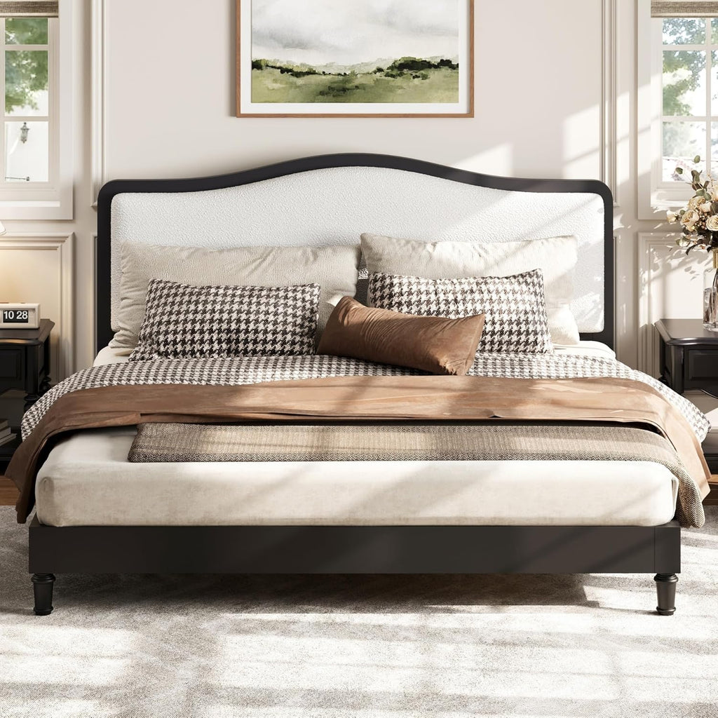 VilroCaz Queen Size Platform Bed with Upholstered Headboard, Versatile Solid Wood Platform Bed Frame with Sturdy Slats Support (Black Frame, Queen)
