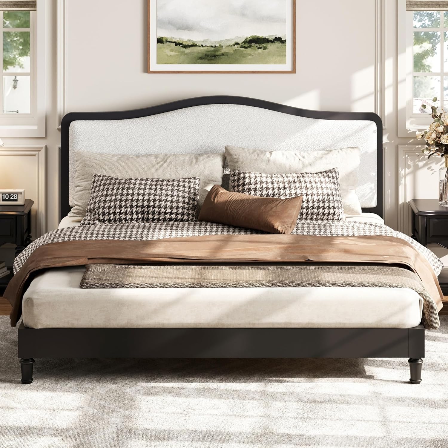 VilroCaz Queen Size Platform Bed with Upholstered Headboard, Versatile Solid Wood Platform Bed Frame with Sturdy Slats Support (Black Frame, Queen)