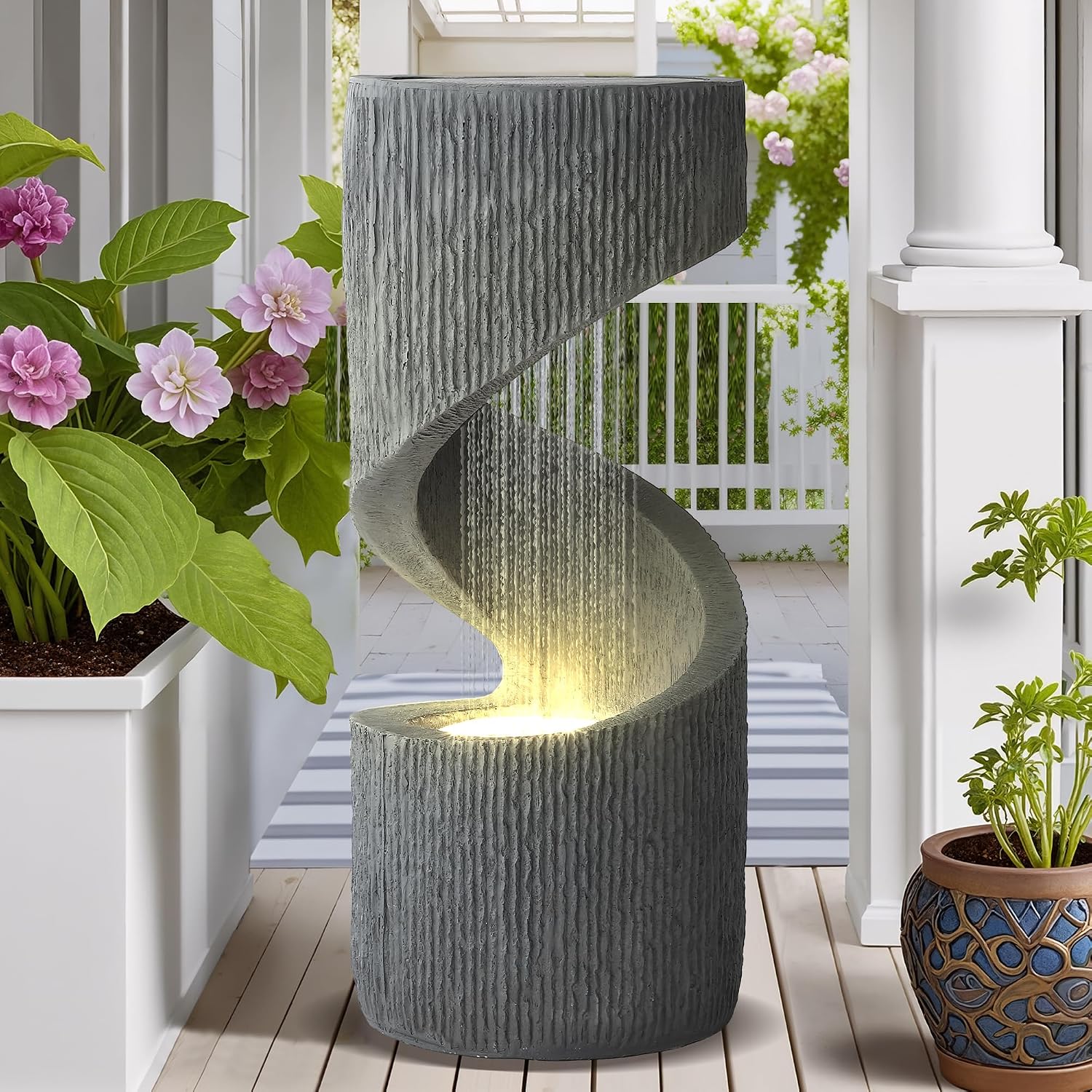 MAGIC UNION Outdoor S-Shaped Water Fountain, Spiral Waterfall Indoor Fountain Outside Garden Decor with LED Lights & Pump, Curved Patio Resin Fountains for Yard, Deck, Porch and Home Decorations